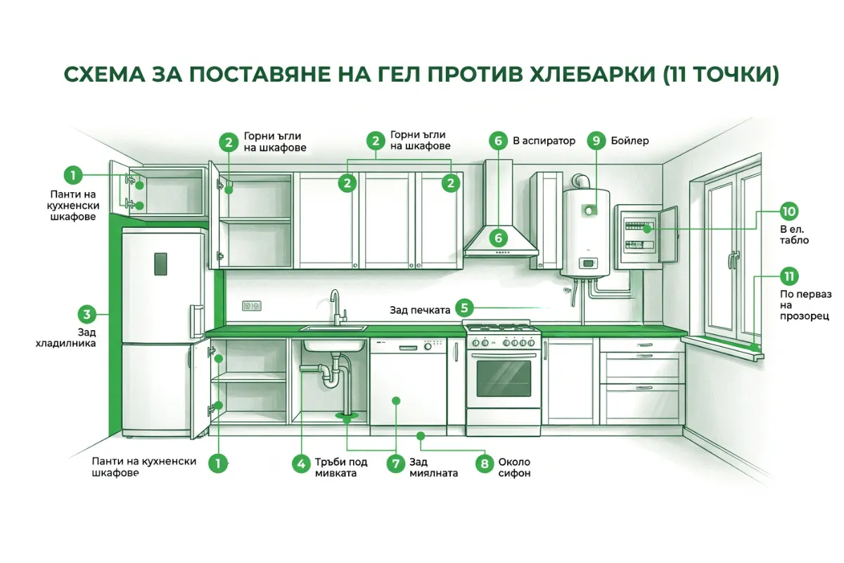 Схема на кухня с единайсет номерирани точки, на които се поставя гел против хлебарки