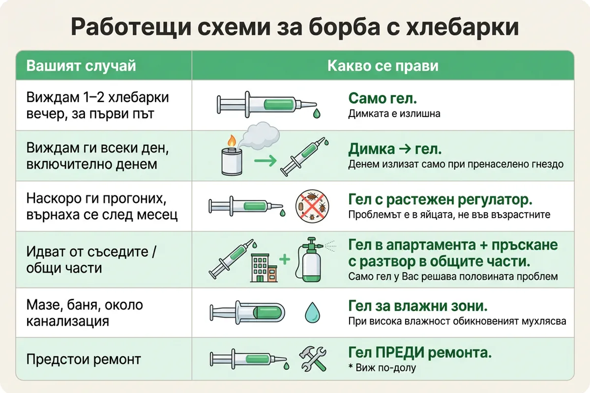 Таблица с работещи схеми срещу хлебарки според случая на клиента